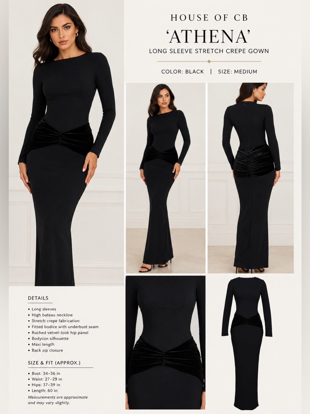 House of CB Athena Long Sleeve Stretch Crepe Gown Black Medium